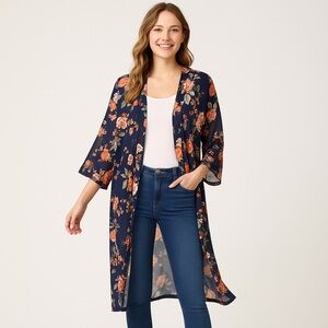 Ultra Flirt Floral Kimono Duster Navy‎ Mesh Sheer Longline Layering L